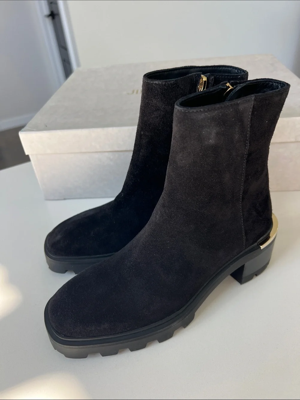 Jimmy Choo melodie 35 35.5 black velvet suede leather lug booties ankle boots